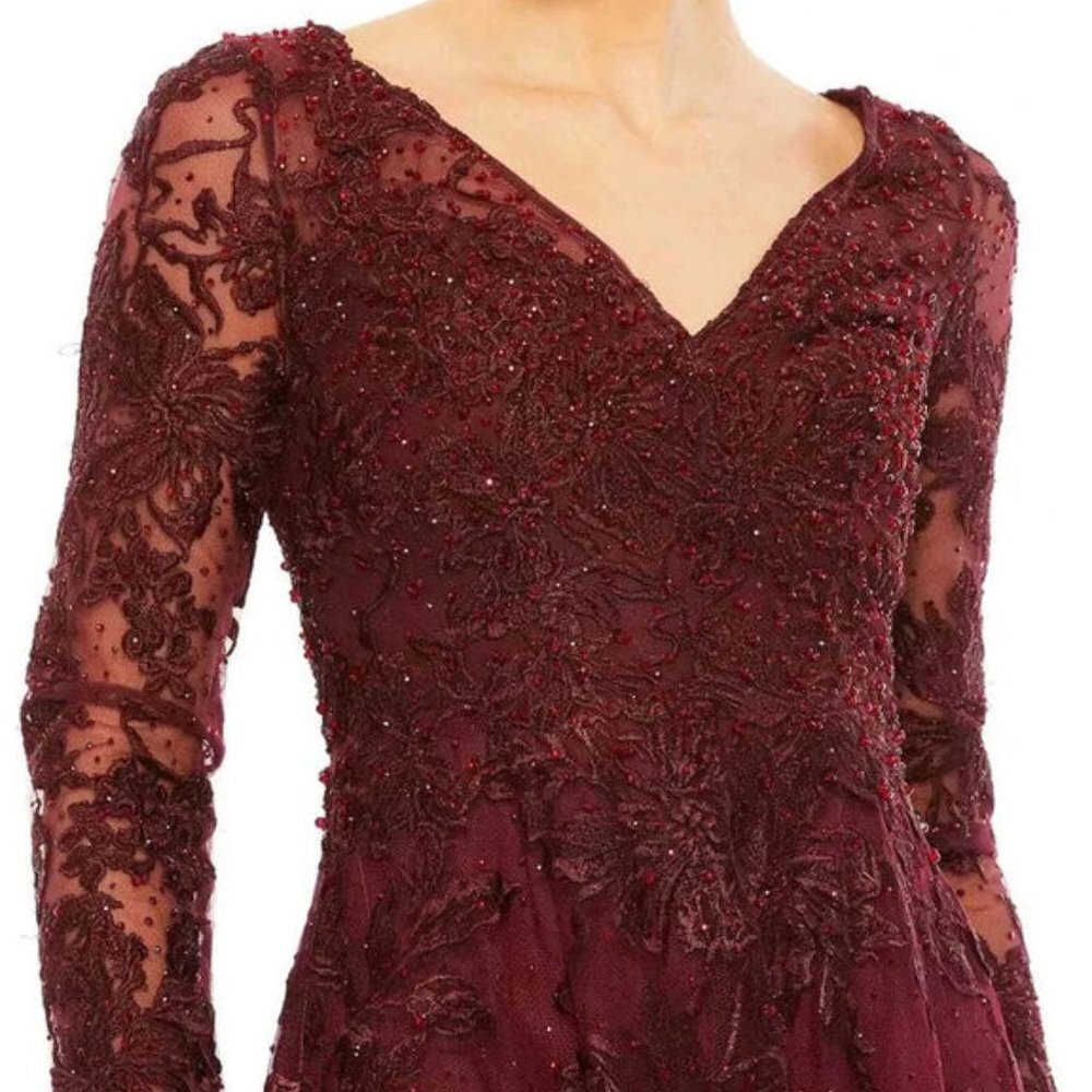 Mac Duggal Wine Lace Long-Sleeve Maxi Gown - Picture 3 of 3